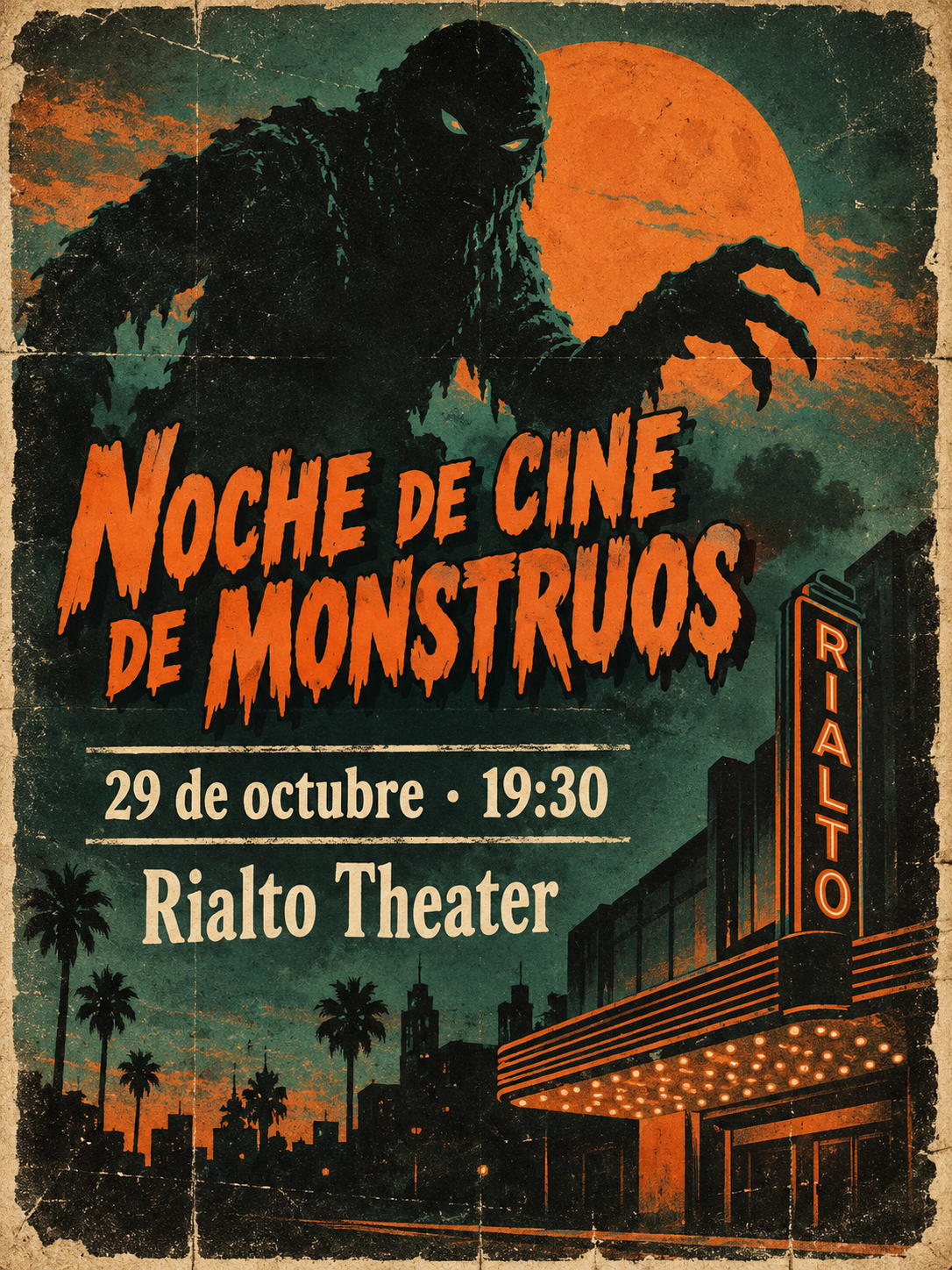 Cartel de cine retro en naranja y verde azulado