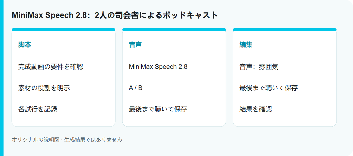 MiniMax Speech 2.8:2人の司会者によるポッドキャスト: 手順の説明図。モデルの実測結果ではありません