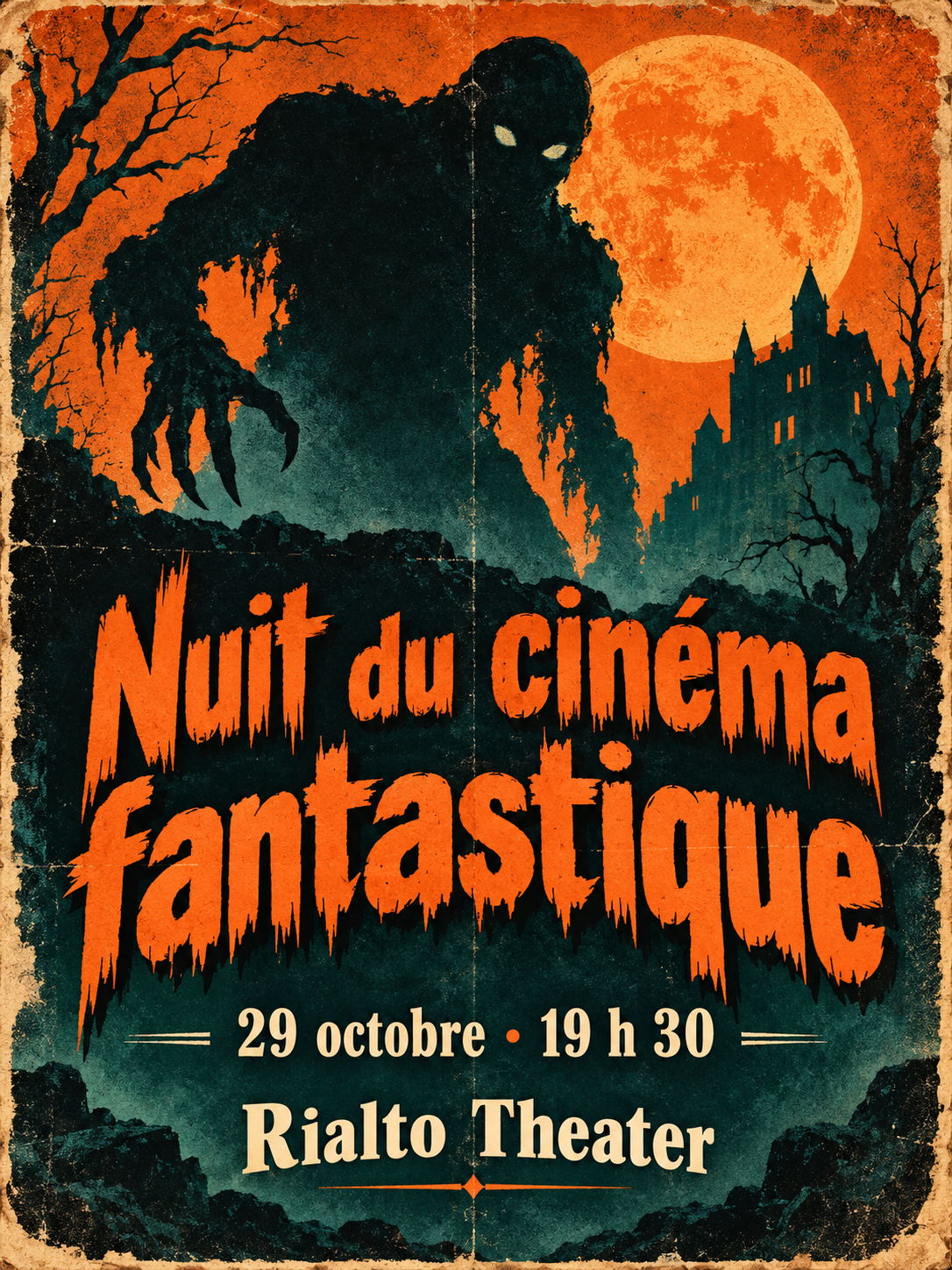 Affiche de cinéma rétro orange et bleu-vert