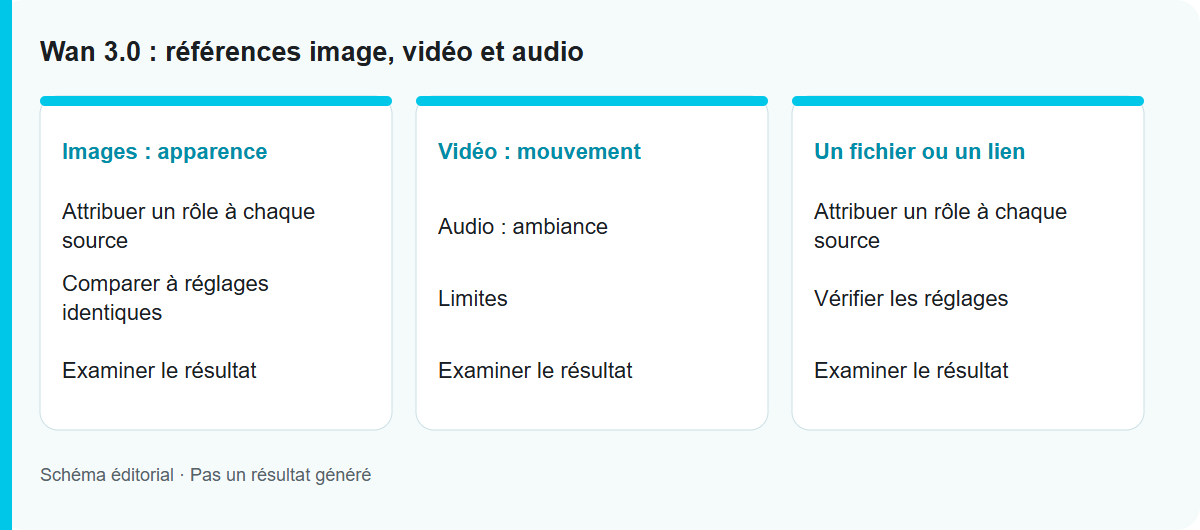 Wan 3.0 : références image, vidéo et audio: Schéma du processus, pas un résultat de modèle testé