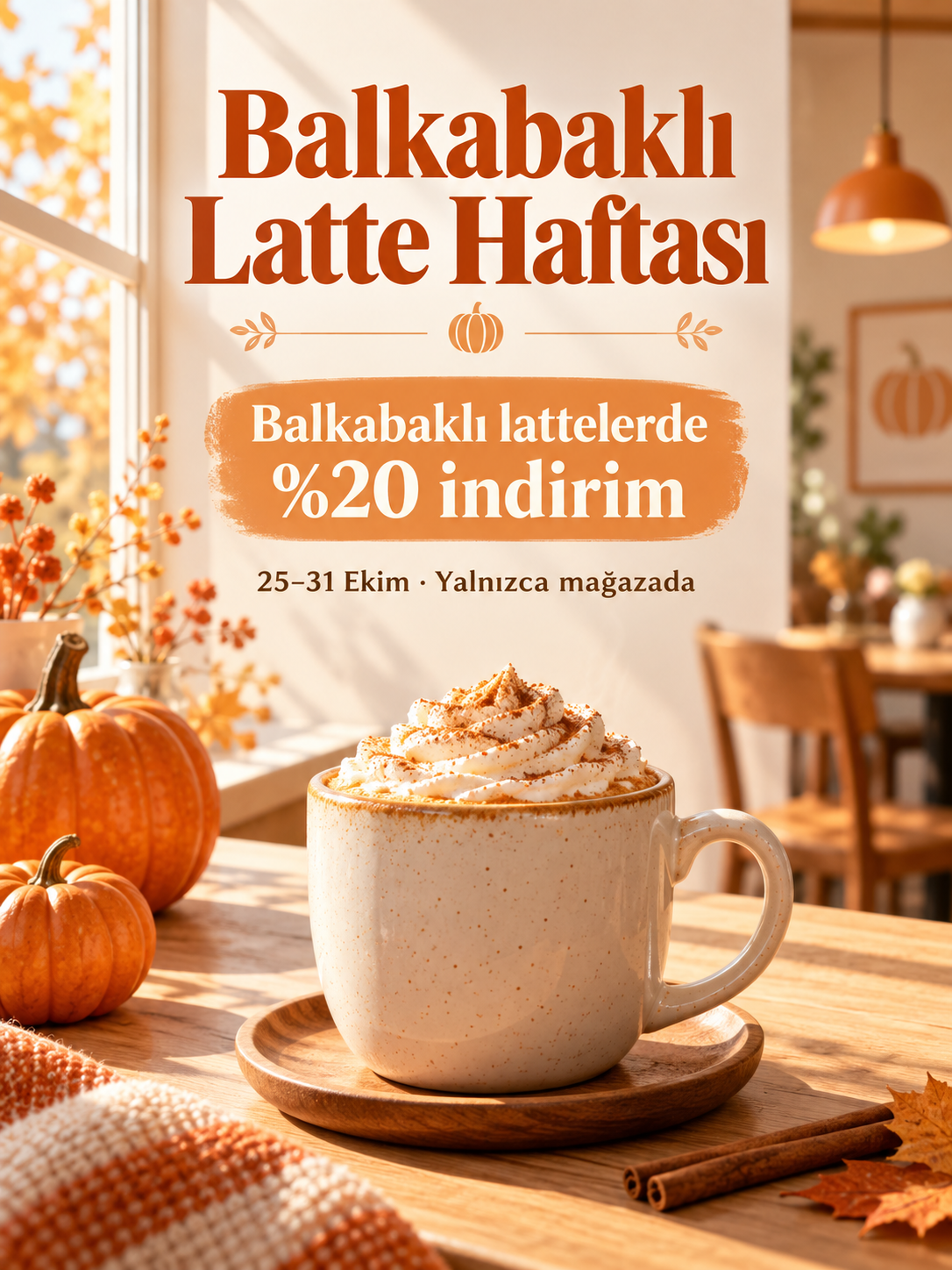 Balkabaklı latte teklifini öne çıkaran sıcak tonlu kafe afişi