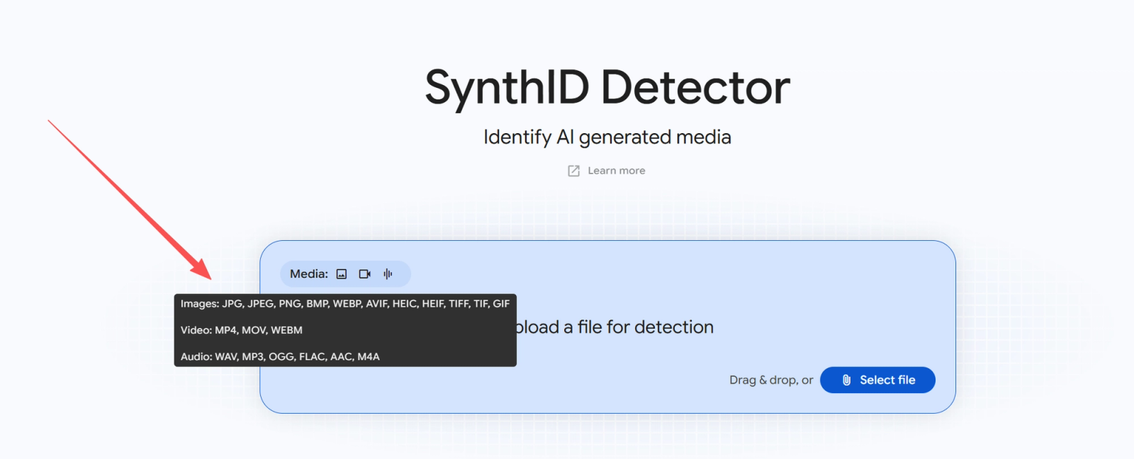 SynthID Detector upload interface showing accepted image, video and audio formats