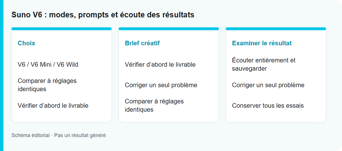 Suno V6 : modes, prompts et écoute des résultats: Schéma du processus, pas un résultat de modèle testé