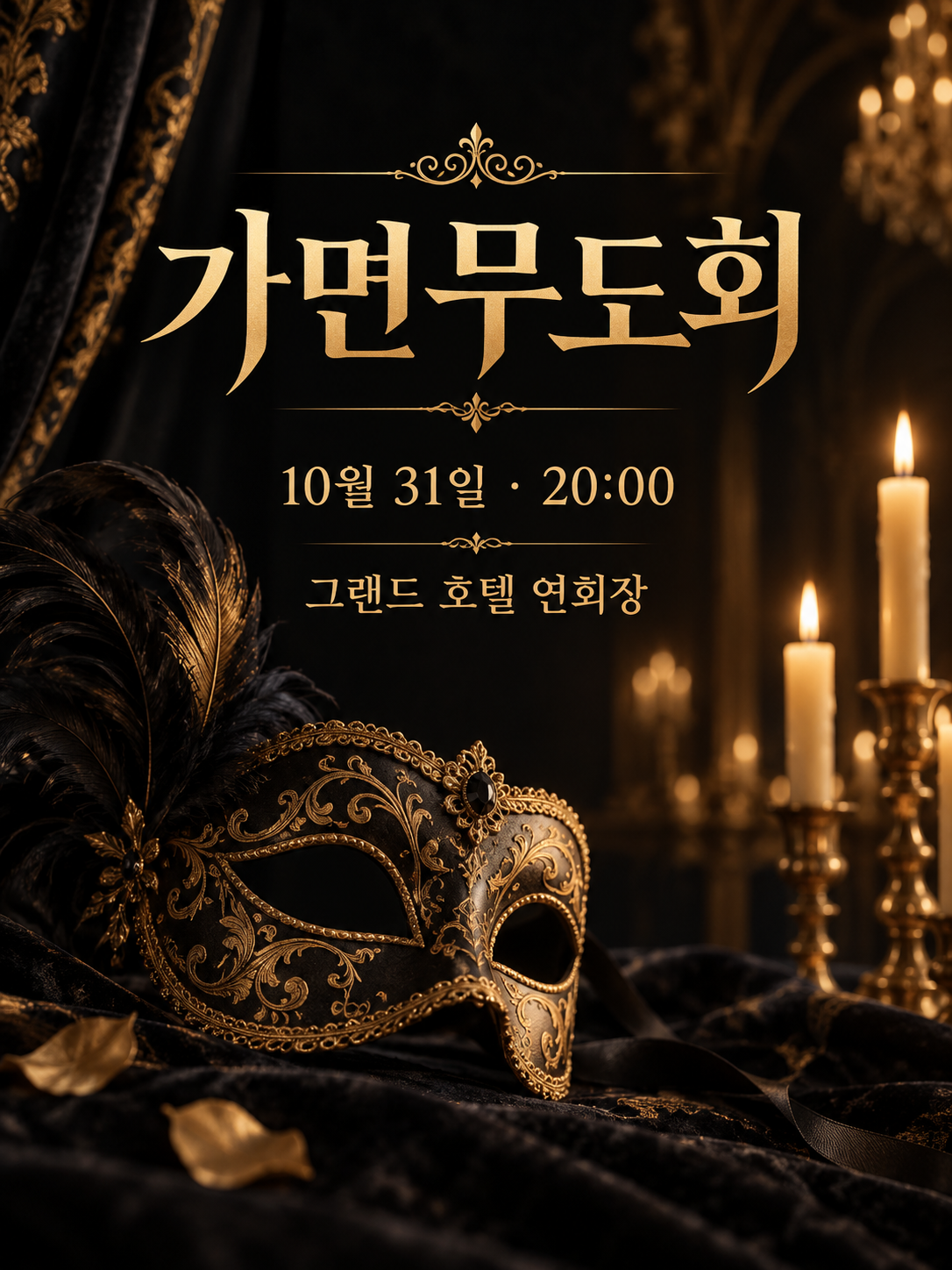 가면과 촛불을 담은 검정·금색 무도회 포스터