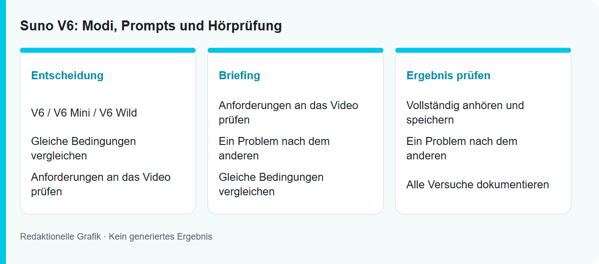 Suno V6: Modi, Prompts und Hörprüfung: Redaktionelle Ablaufgrafik, kein getestetes Modellergebnis