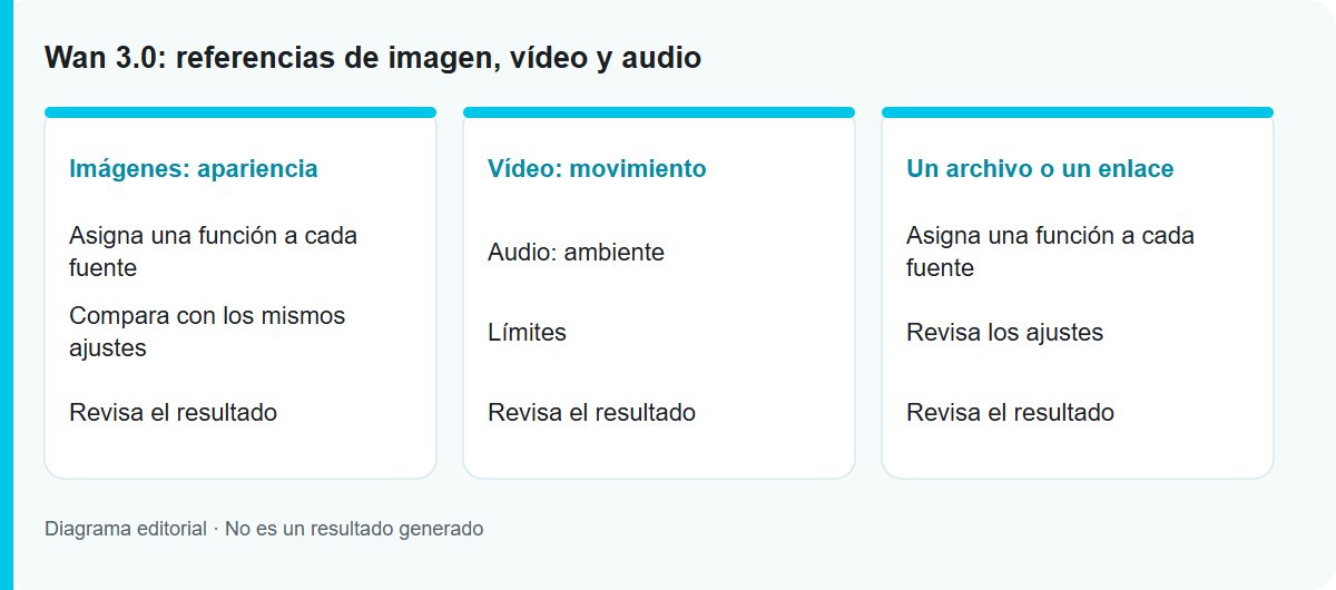 Wan 3.0: referencias de imagen, vídeo y audio: Diagrama del proceso, no un resultado probado del modelo