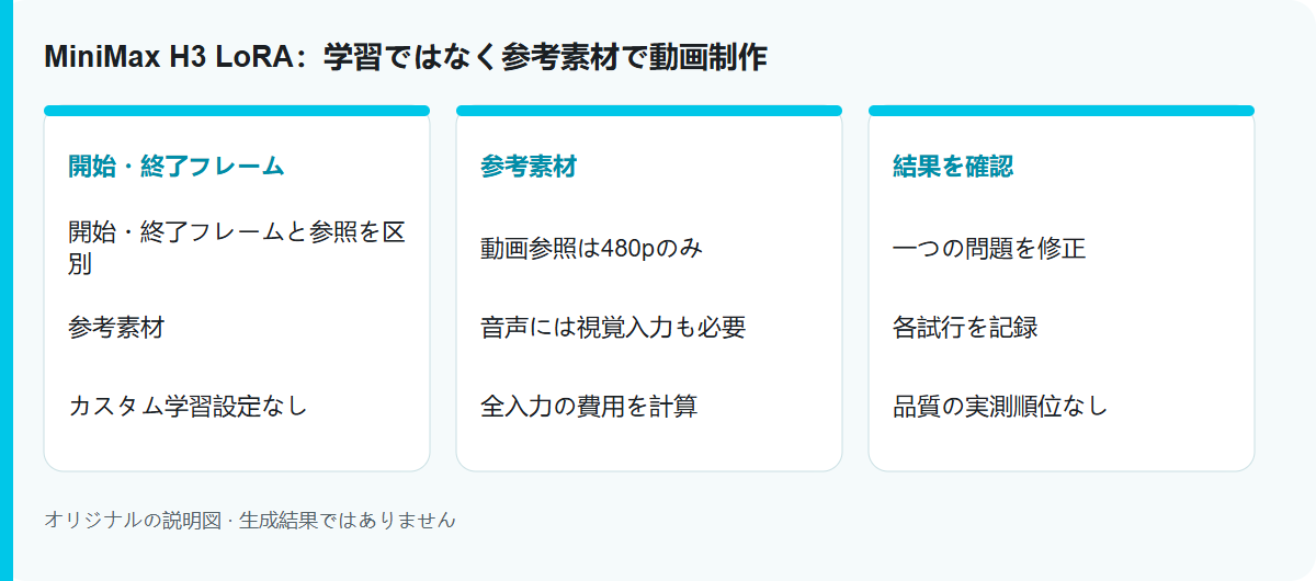 MiniMax H3 LoRA：学習ではなく参考素材で動画制作: 手順の説明図。モデルの実測結果ではありません