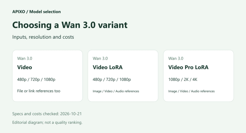 Comparison cover showing the three Wan 3.0 variants, resolutions and reference options