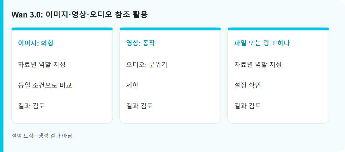 Wan 3.0: 이미지·영상·오디오 참조 활용: 설명용 작업 도식이며 실측 생성 결과가 아닙니다.