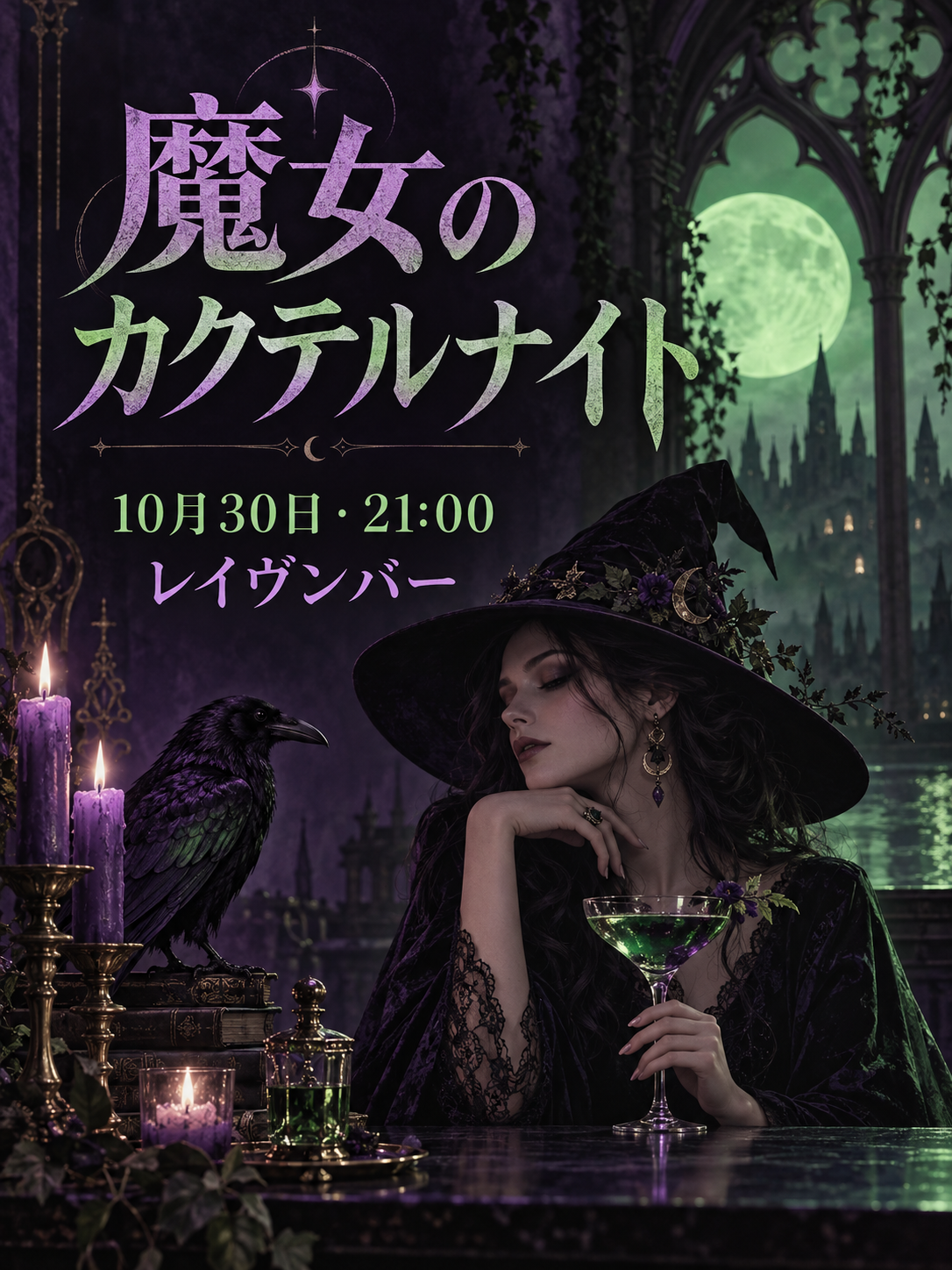 紫と緑のゴシックな魔女テーマのポスター