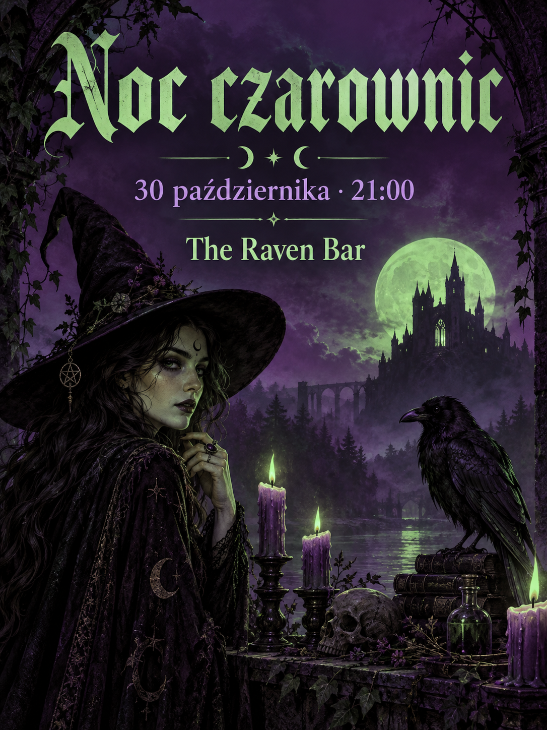 Fioletowo-zielony gotycki plakat nocy czarownic