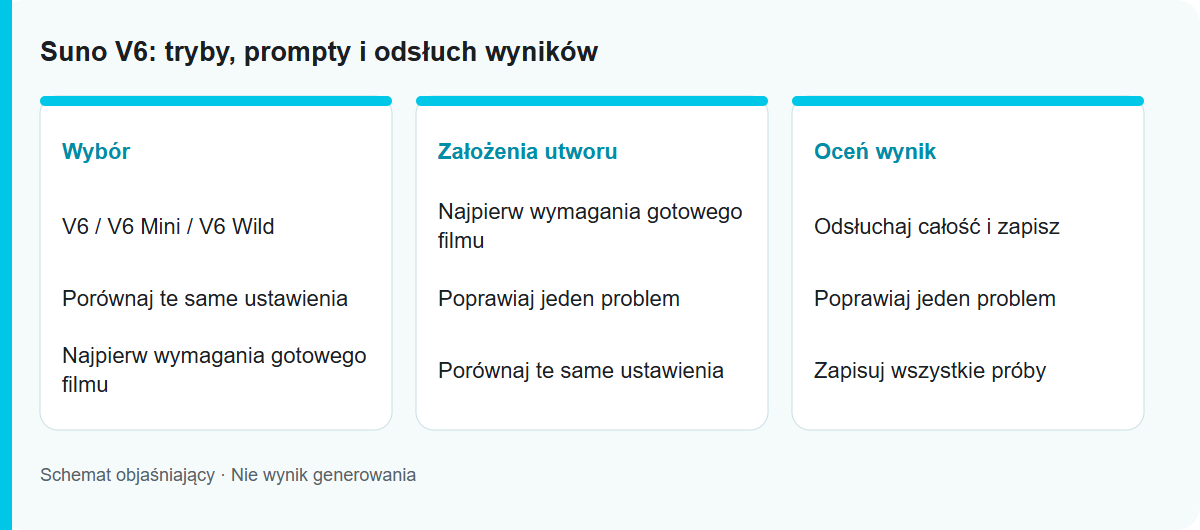 Suno V6: tryby, prompty i odsłuch wyników: Schemat procesu, nie przetestowany wynik modelu