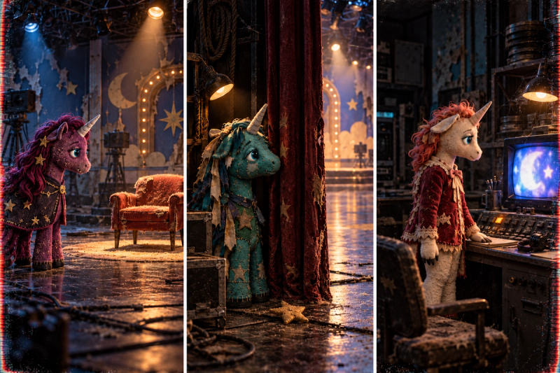 Three original dark unicorn studio concepts using an empty interview chair, a side-stage curtain and a quiet monitor room