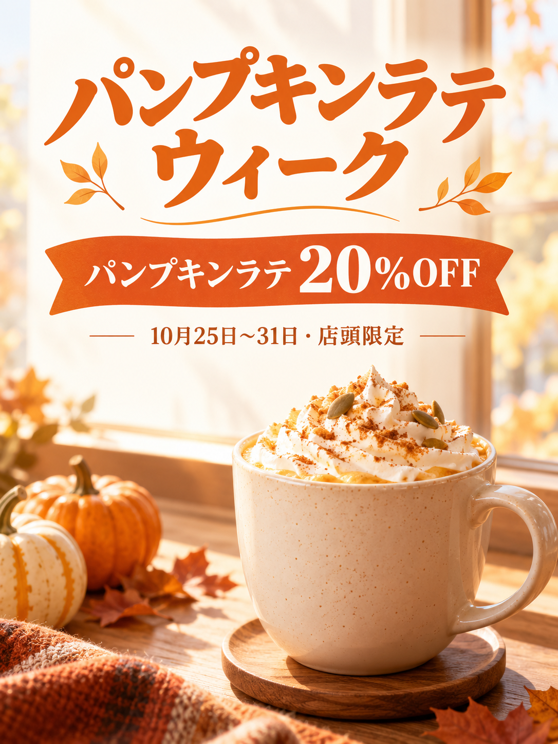 パンプキンラテの割引を伝える暖色のカフェポスター