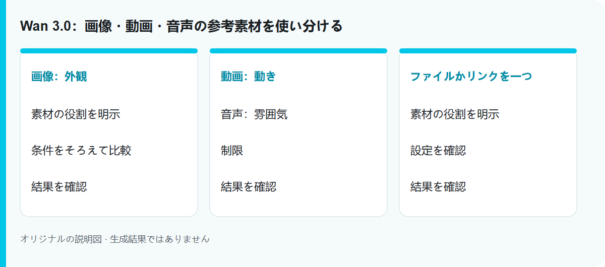 Wan 3.0:画像・動画・音声の参考素材を使い分ける: 手順の説明図。モデルの実測結果ではありません