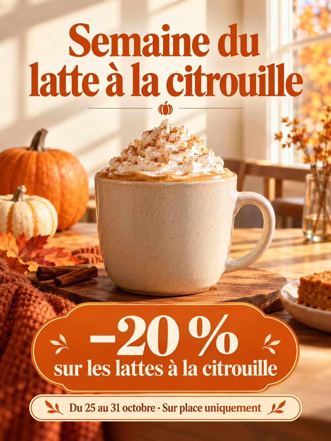 Affiche chaleureuse mettant en avant un latte à la citrouille