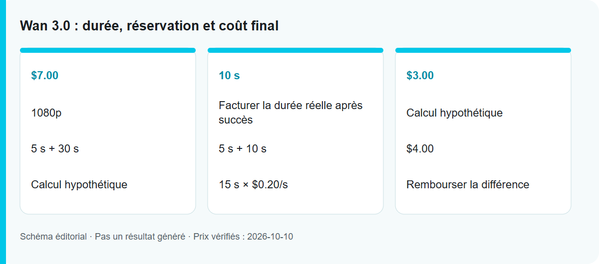 Wan 3.0 : durée, réservation et coût final: Schéma du processus, pas un résultat de modèle testé