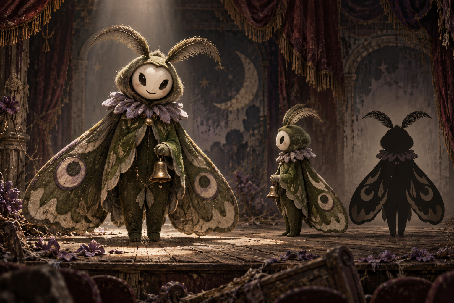 An original moth theater mascot shown with smaller concept views