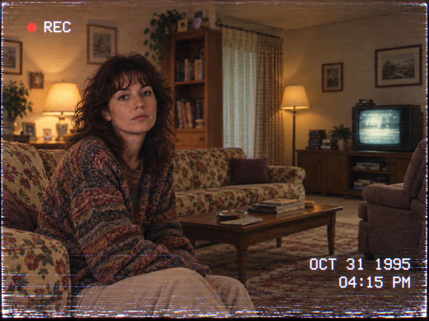 Warm home-video portrait with a red REC dot at top left and a date and time at bottom right