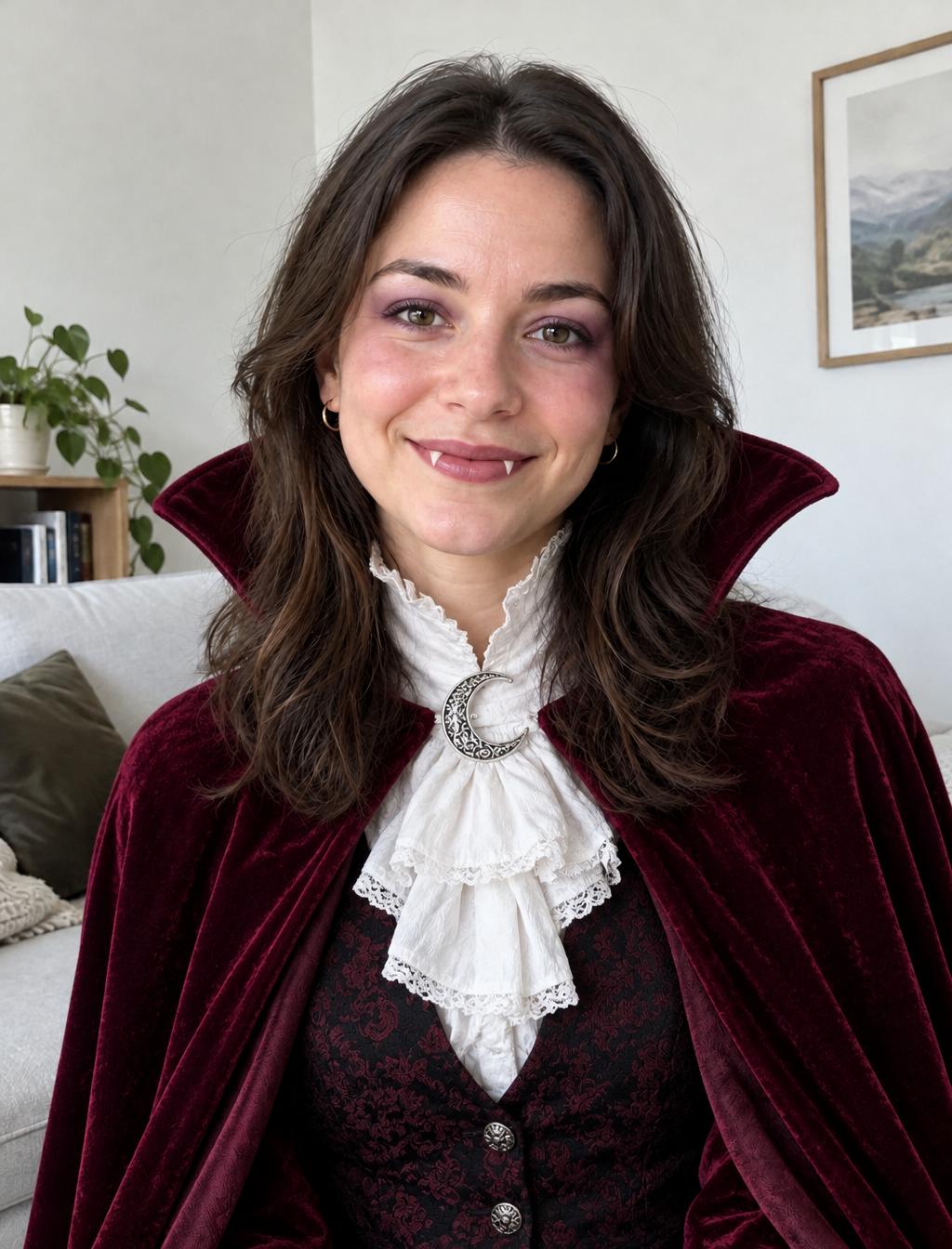 Costume da vampiro con mantello bordeaux, colletto alto, camicia bianca a volant e fermaglio decorativo