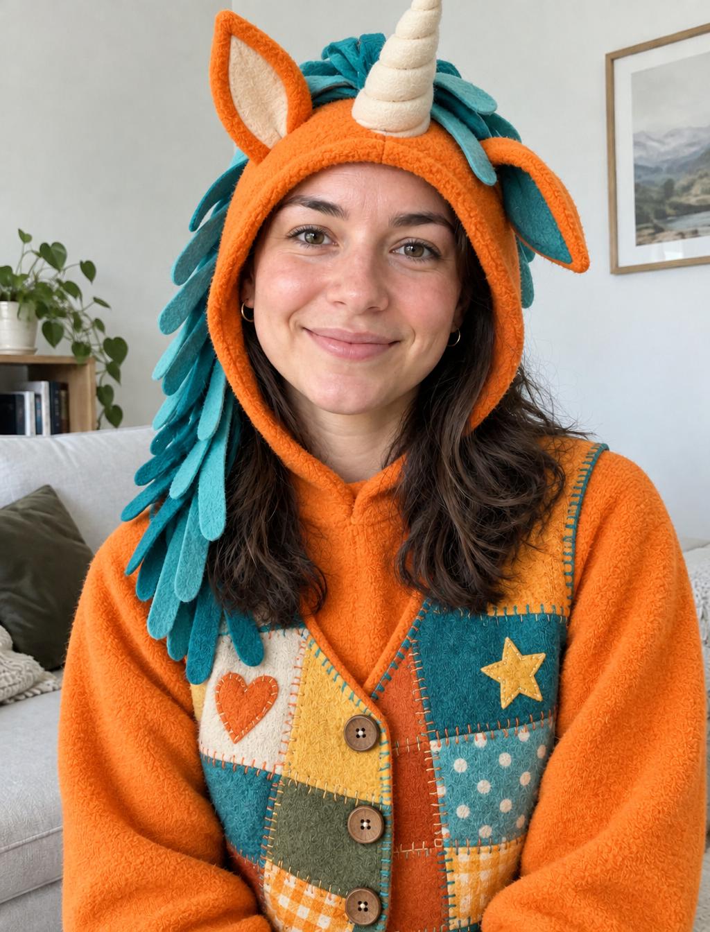 Open-face orange unicorn hood with fabric horn, ears and a teal mane