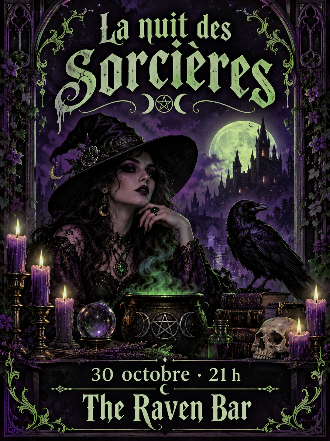 Affiche gothique violette et verte sur le thème des sorcières