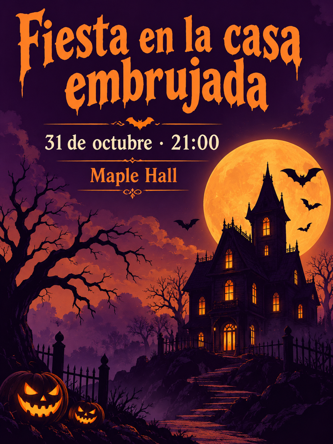 Cartel de fiesta en naranja y morado con casa embrujada