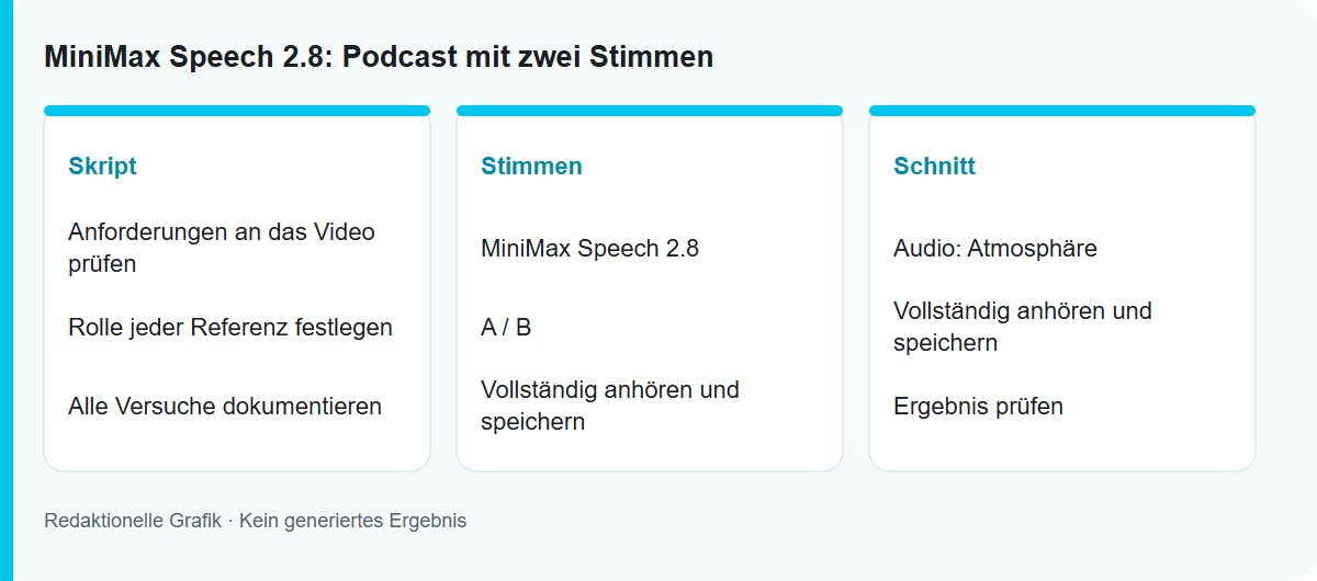 MiniMax Speech 2.8: Podcast mit zwei Stimmen: Redaktionelle Ablaufgrafik, kein getestetes Modellergebnis