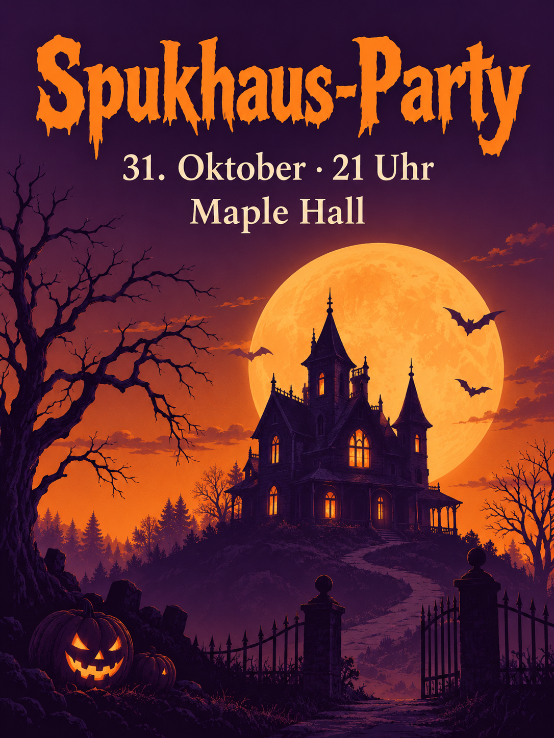 Spukhaus-Partyplakat in Orange und Violett
