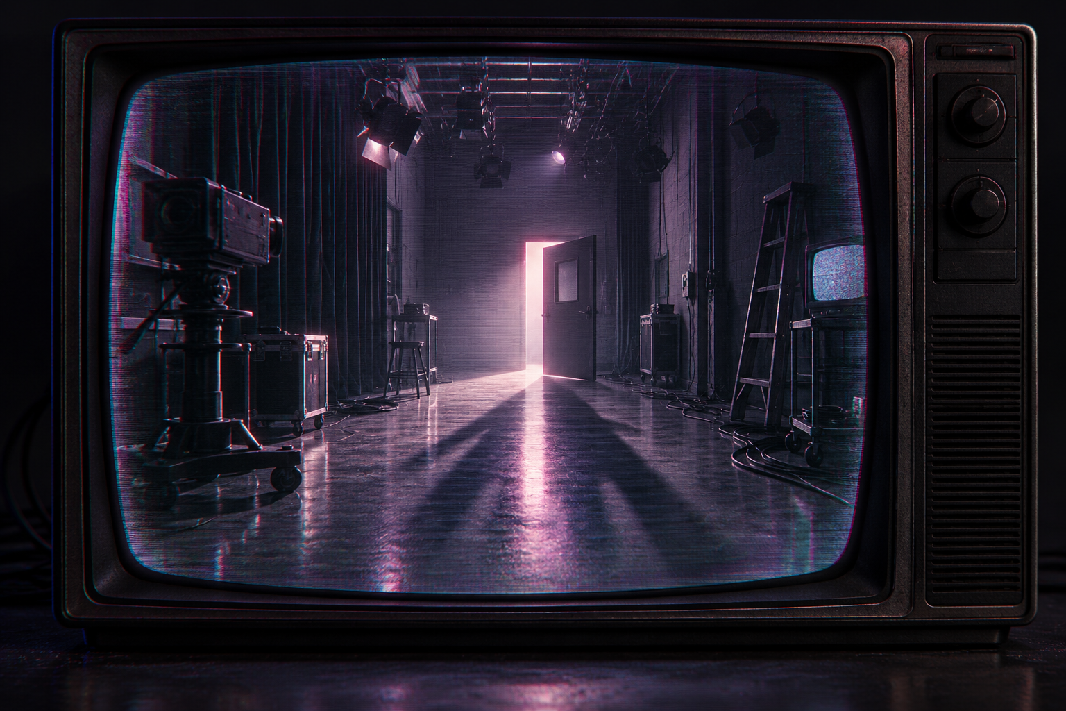Alter Röhrenfernseher mit einem leeren Filmstudio und einer offenen Tür, durch die Licht fällt