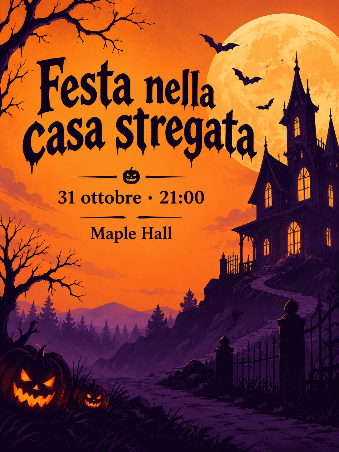 Poster arancione e viola con casa stregata