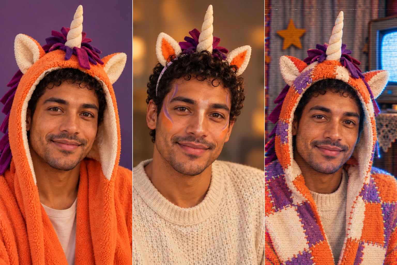 Concept comparison of open-face unicorn hood, orange stage makeup and a patchwork television host