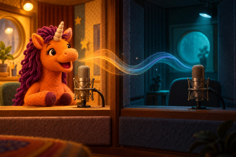 An original orange unicorn mascot beside a microphone, contrasting a warm sound booth with a cool, empty booth