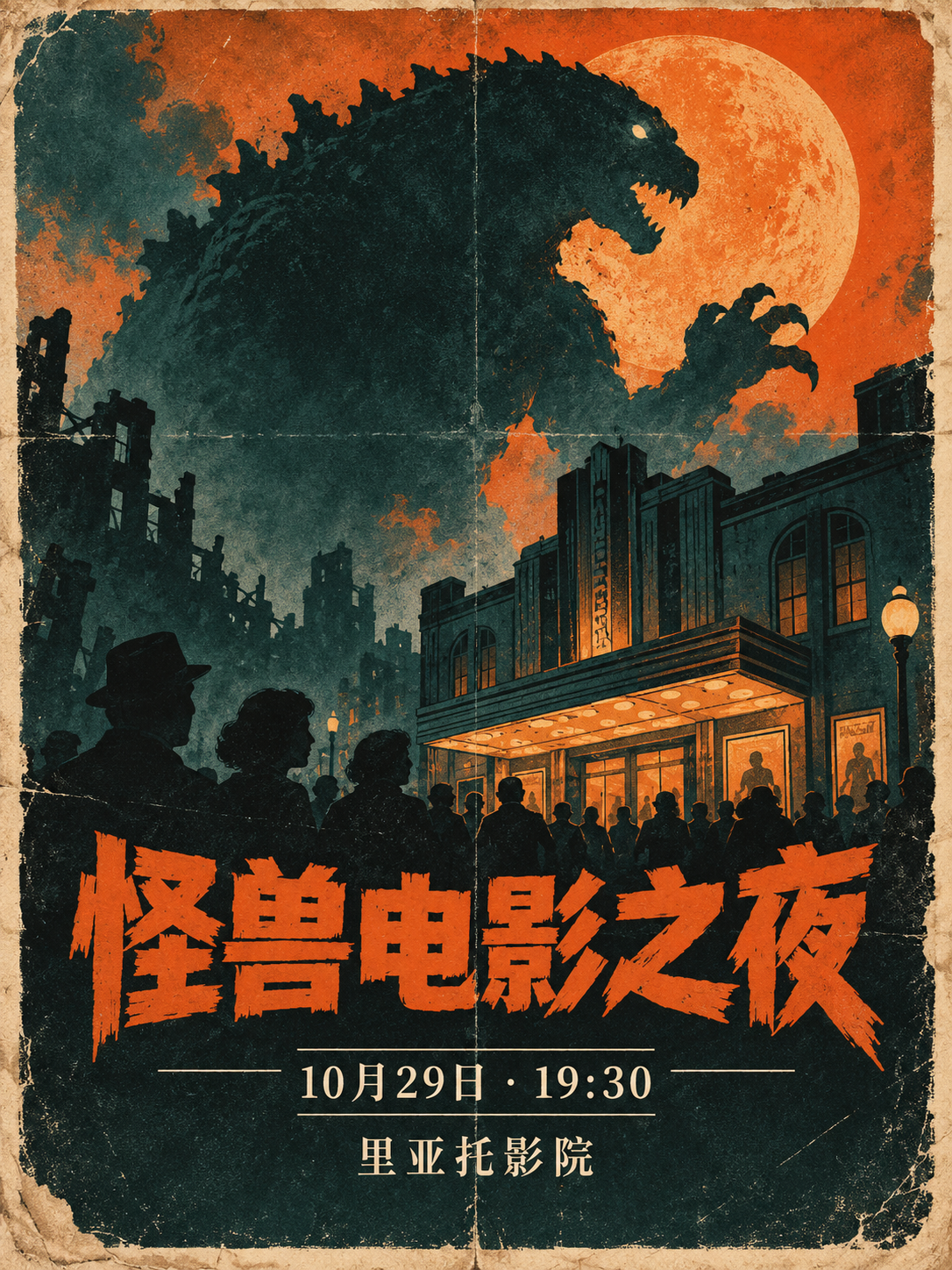 橙色与蓝绿色的复古电影夜海报