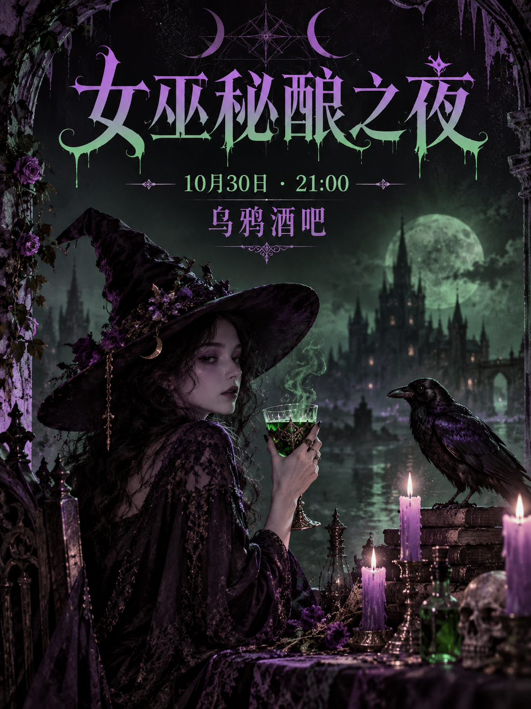紫绿配色的哥特女巫主题海报