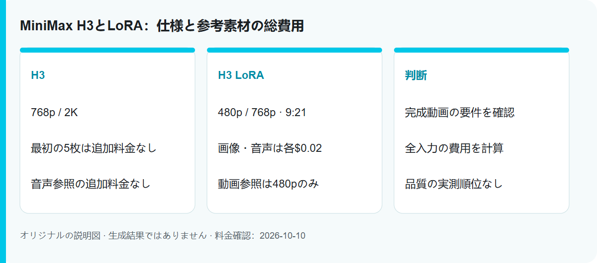 MiniMax H3とLoRA:仕様と参考素材の総費用: 手順の説明図。モデルの実測結果ではありません