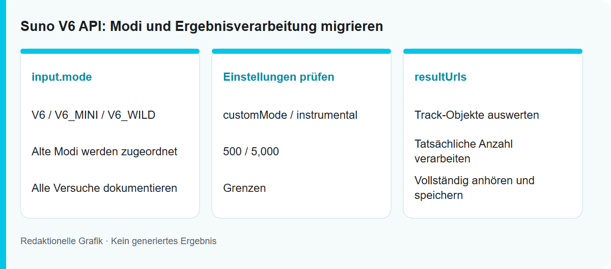Suno V6 API: Modi und Ergebnisverarbeitung migrieren: Redaktionelle Ablaufgrafik, kein getestetes Modellergebnis