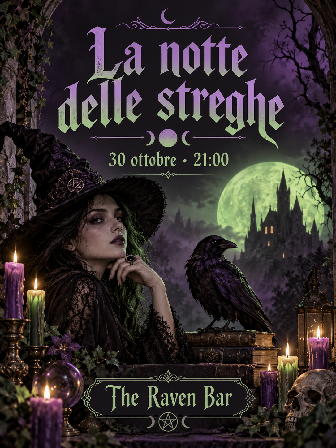 Poster gotico viola e verde a tema streghe