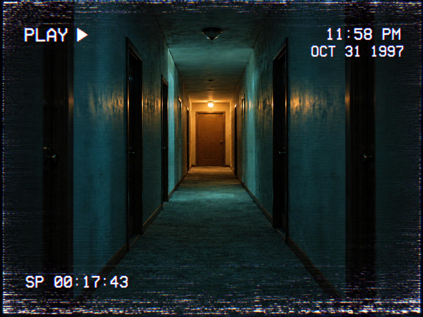 Cool empty corridor with a warm doorway, PLAY, a date and time, and a playback counter