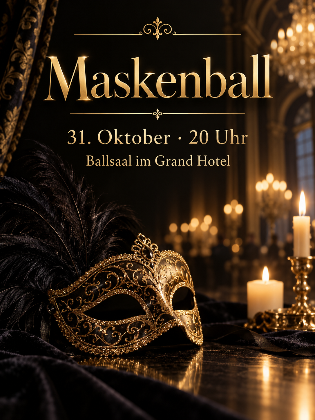 Schwarz-goldenes Maskenball-Plakat mit Kerzenlicht
