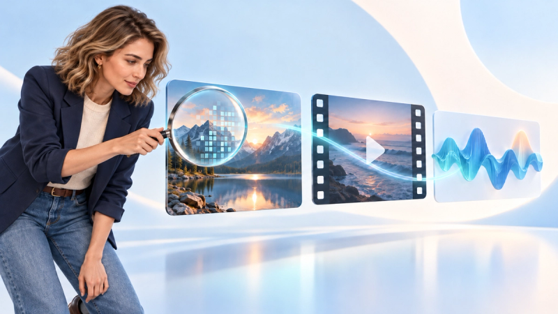 Adult female detective in a navy blazer examining image, video and audio cards with a magnifying glass