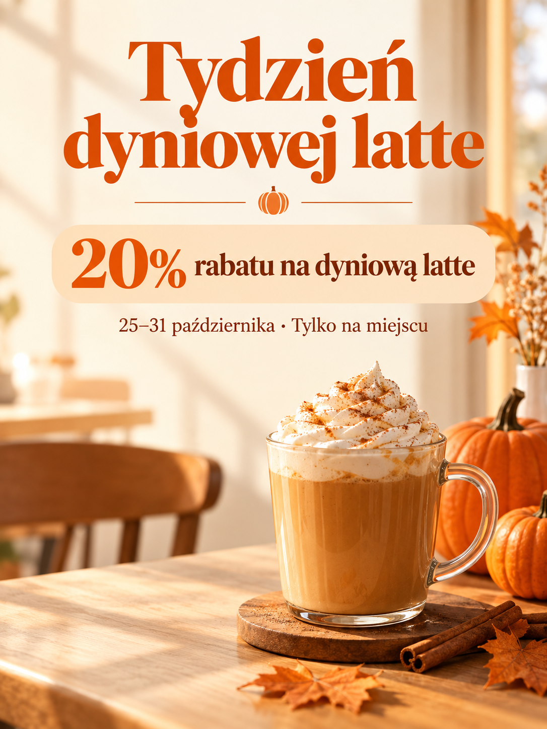 Ciepły plakat kawiarni z ofertą na dyniową latte
