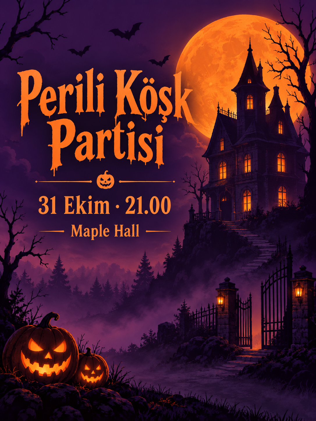 Perili köşk içeren turuncu ve mor parti afişi