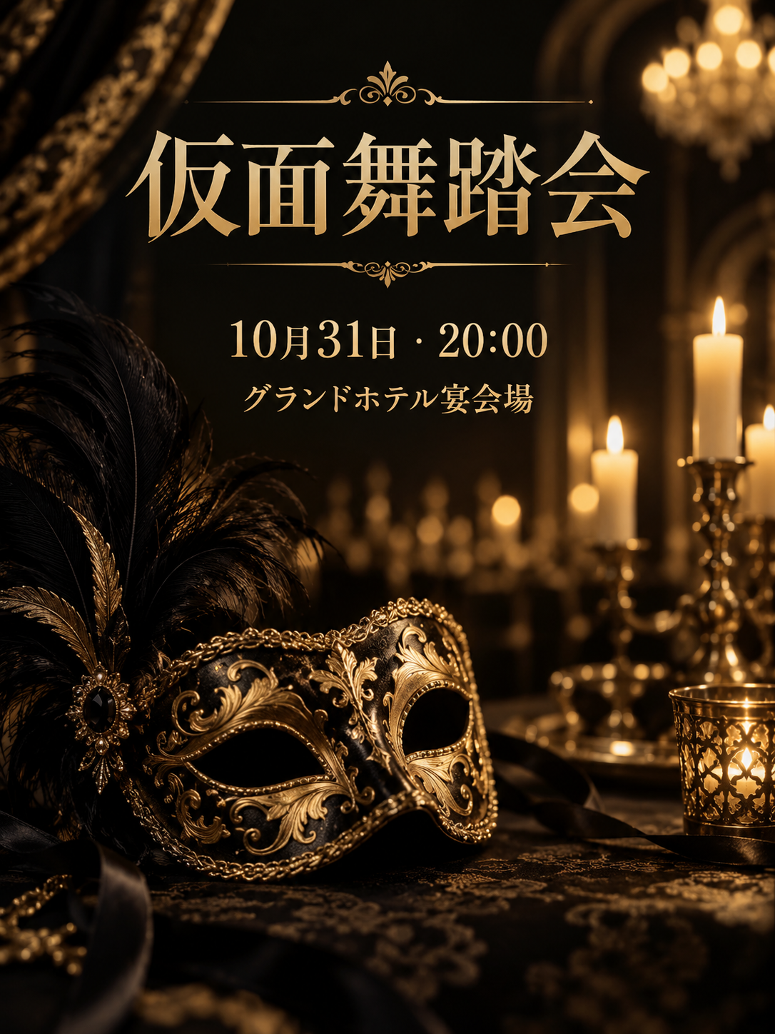 仮面とキャンドルを使った黒と金の舞踏会ポスター