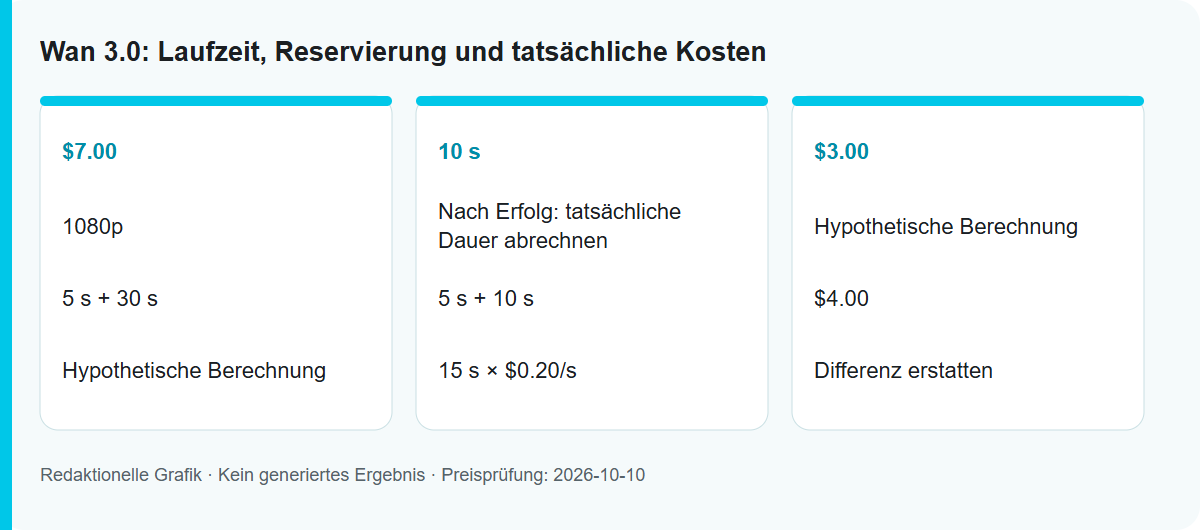 Wan 3.0: Laufzeit, Reservierung und tatsächliche Kosten: Redaktionelle Ablaufgrafik, kein getestetes Modellergebnis