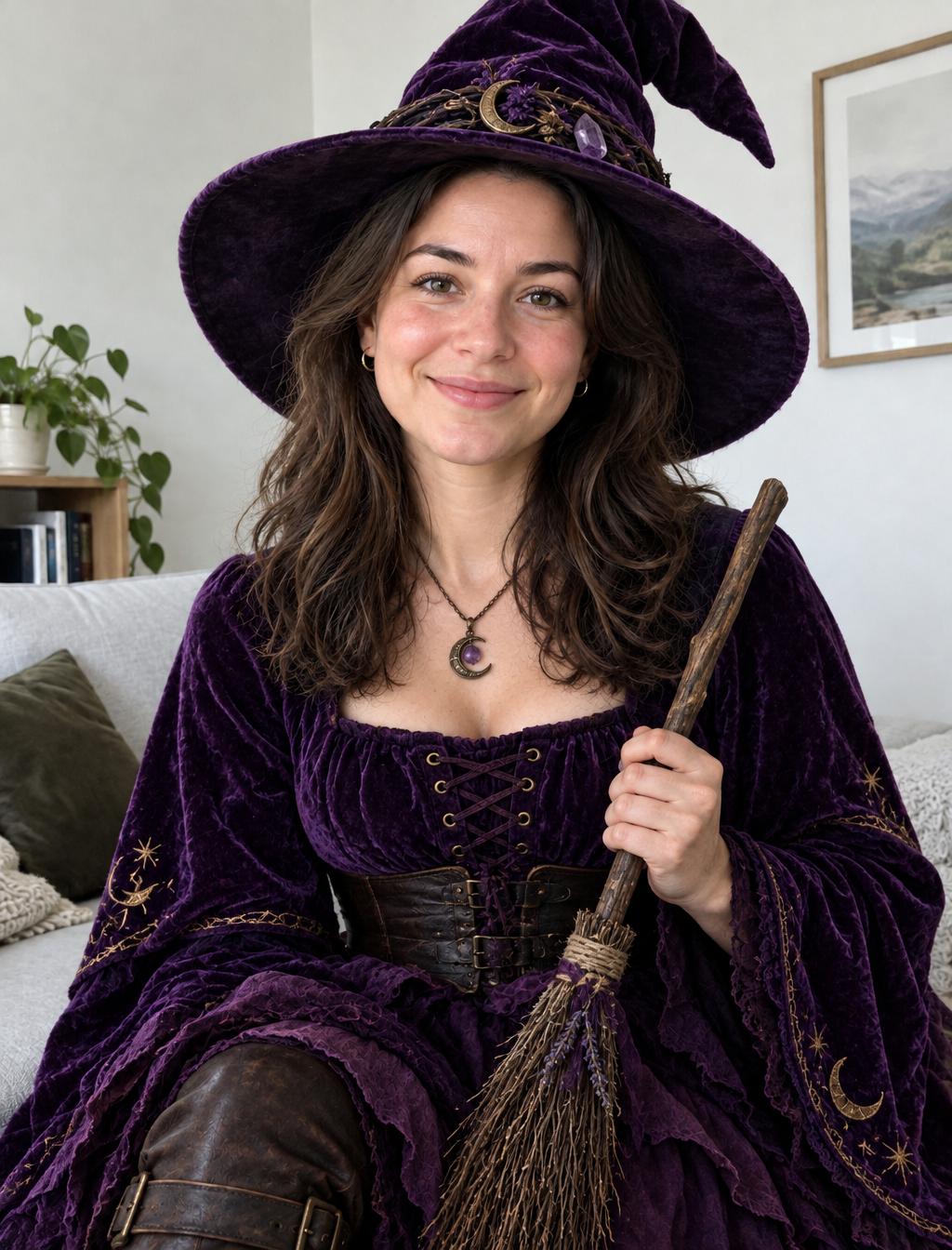 Purple velvet witch hat and outfit on a seated person holding a broom
