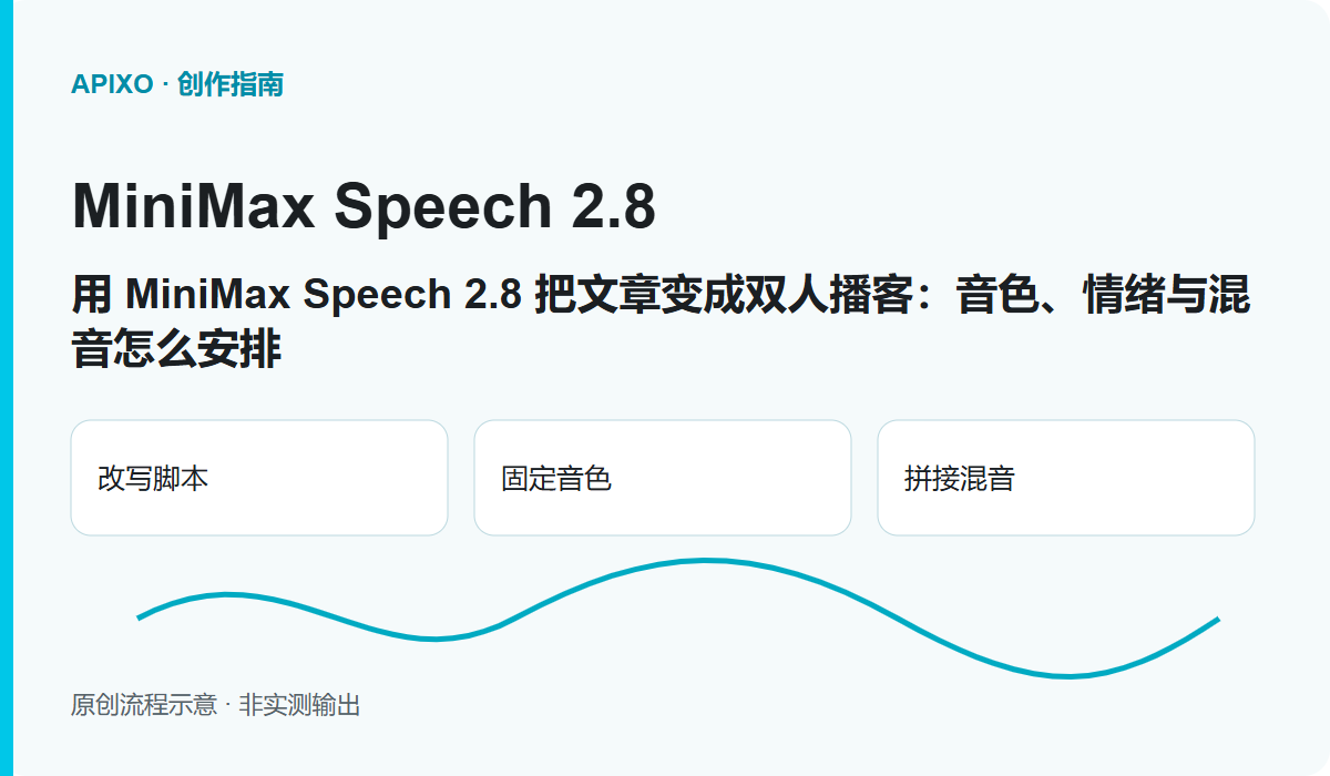 用 MiniMax Speech 2.8 把文章变成双人播客:音色、情绪与混音怎么安排: 原创封面示意图