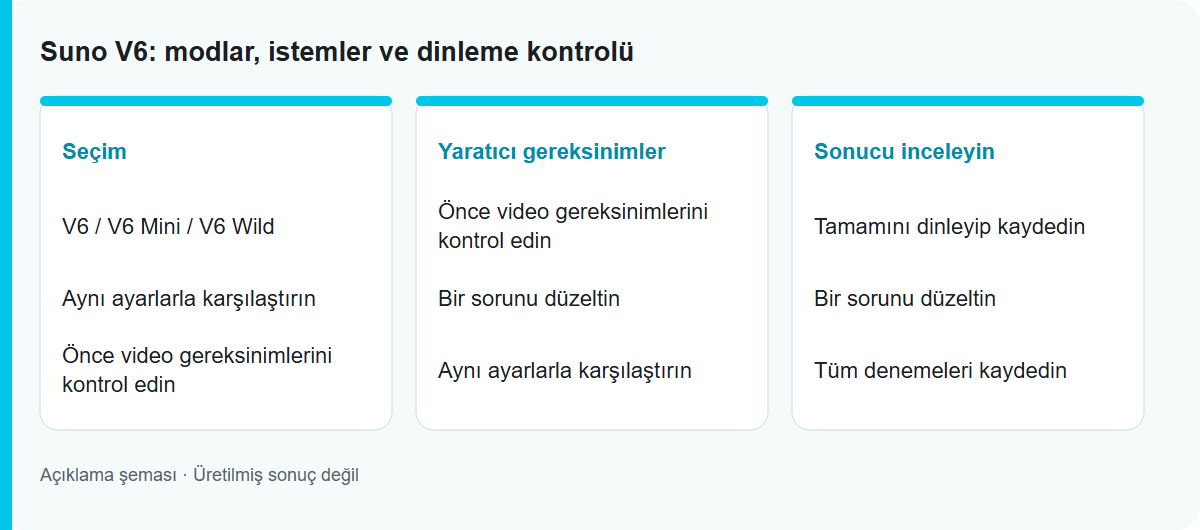 Suno V6: modlar, istemler ve dinleme kontrolü: İş akışı şeması; test edilmiş model çıktısı değildir