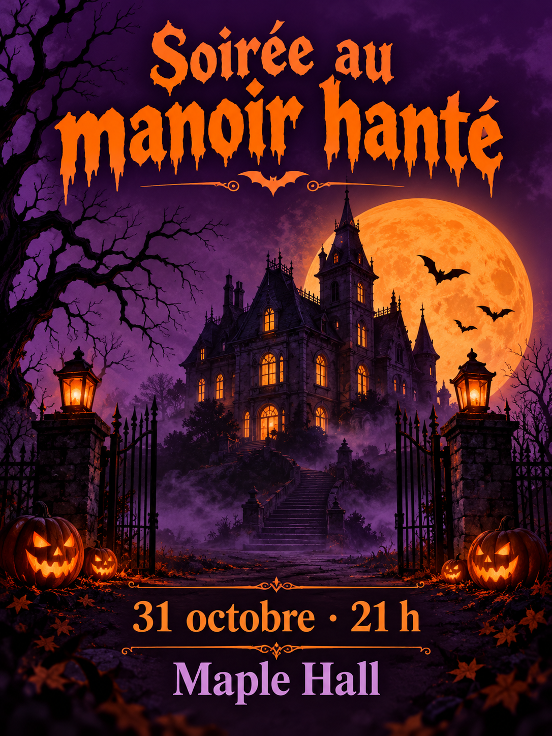 Affiche de soirée orange et violette avec maison hantée