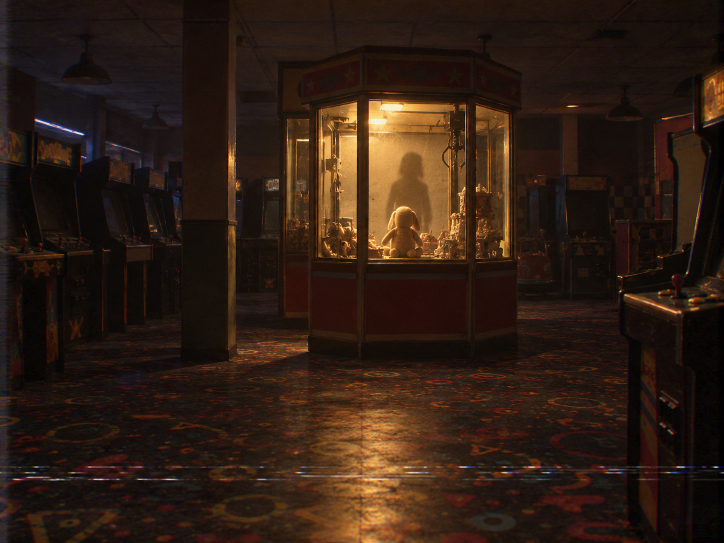 Dunkle, leere Spielhalle mit einem Stofftier im Greifautomaten und einem großen menschlichen Schatten dahinter